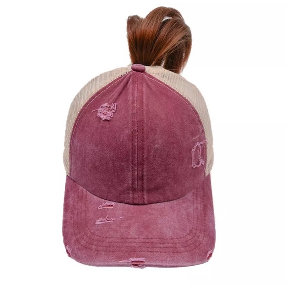 NWT “Perfectly Imperfect”Leather Patch Distressed Ponytail Trucker Hat - Picture 9 of 15